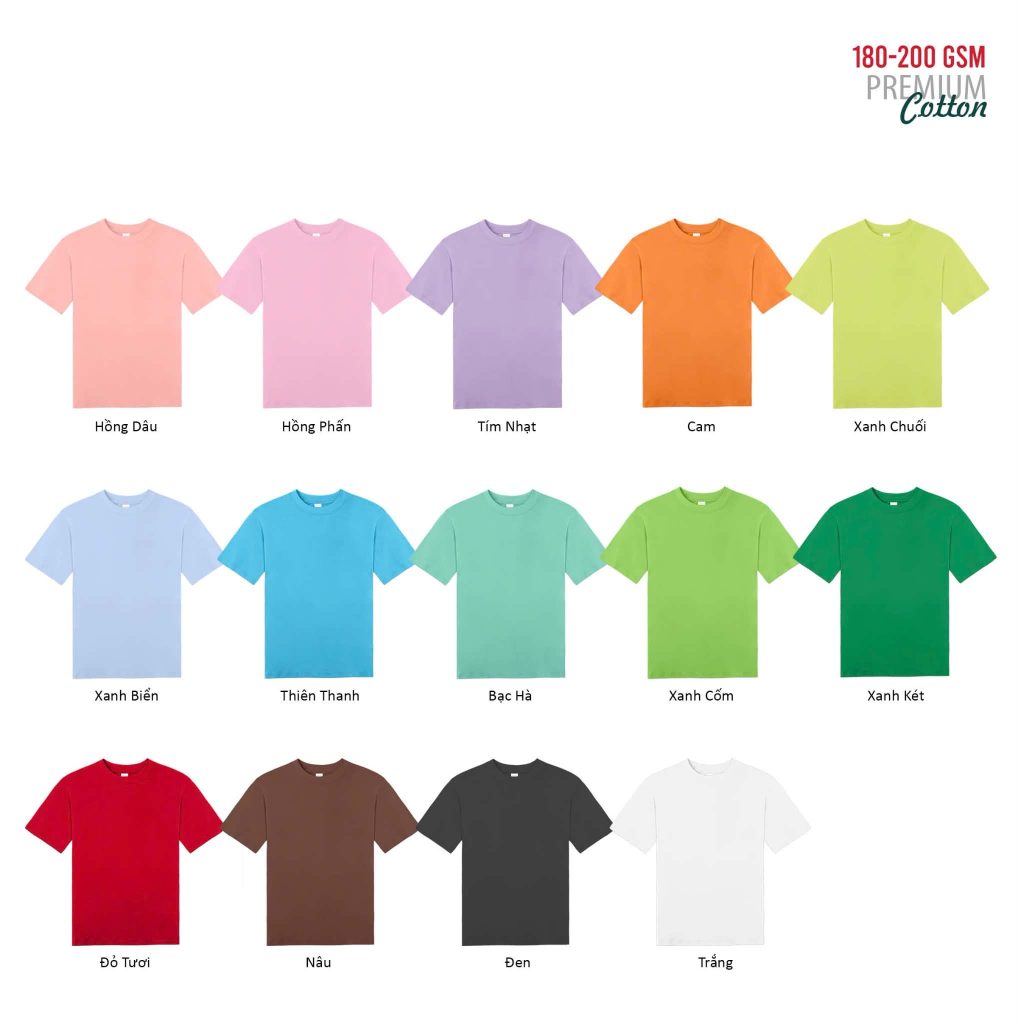 Bảng màu phôi áo thun cổ tròn 100% cotton loại mỏng 190gsm - VIE Uniform