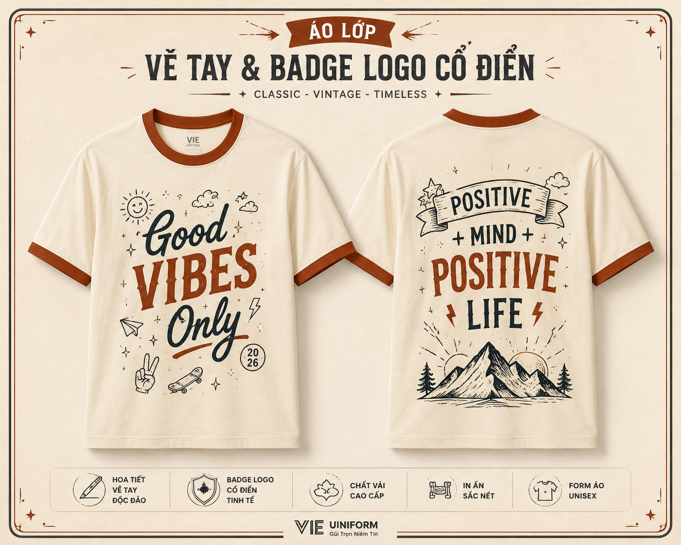 Áo lớp Họa tiết vẽ tay Hand-drawn và Badge logo cổ điển áo cổ tròn màu xanh be