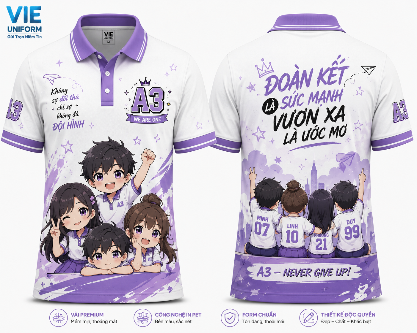 Áo lớp anime polo có cổ màu trắng phối tím in hình đoàn kết là sức mạnh vươn xa