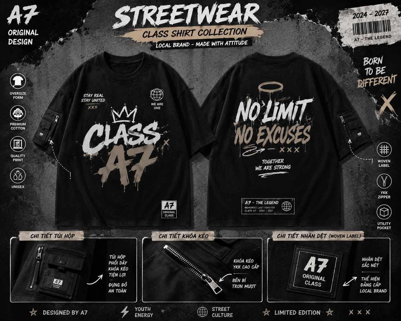 Áo lớp streetwear Chi tiết túi hộp, Khóa kéo và Nhãn dệt Woven Label