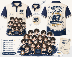 Đồng phục áo lớp chibi có cổ, áo polo màu xanh