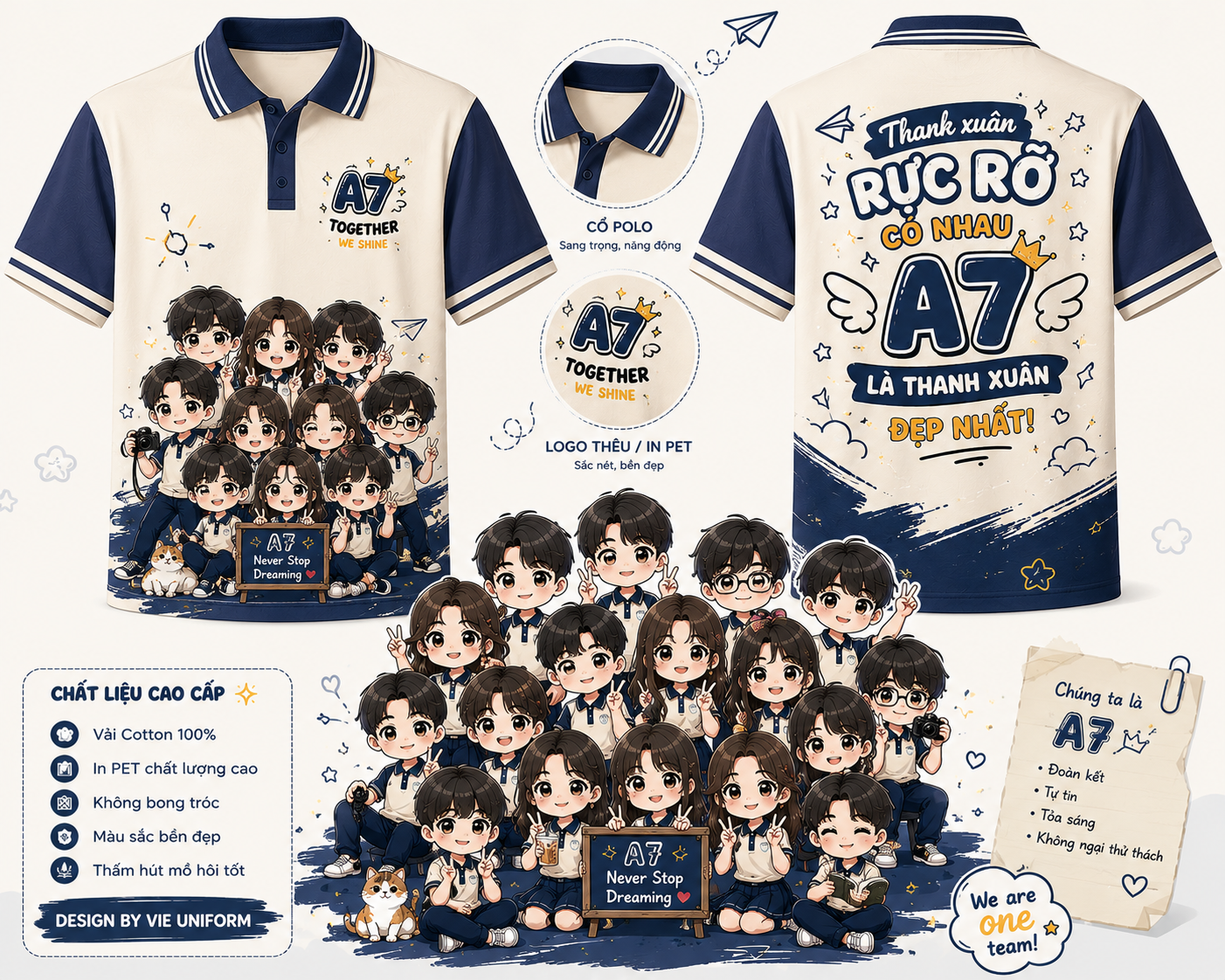 Đồng phục áo lớp chibi có cổ, áo polo màu xanh