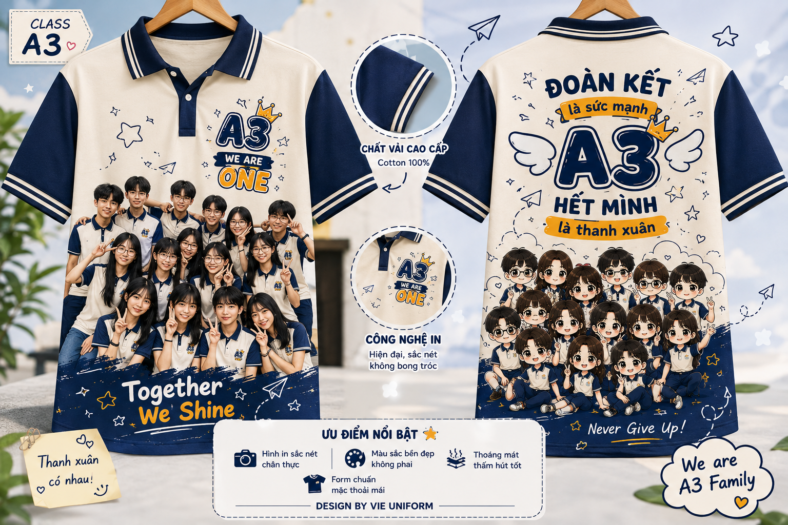 Đồng phục áo lớp chibi có cổ, áo polo màu xanh đẹp