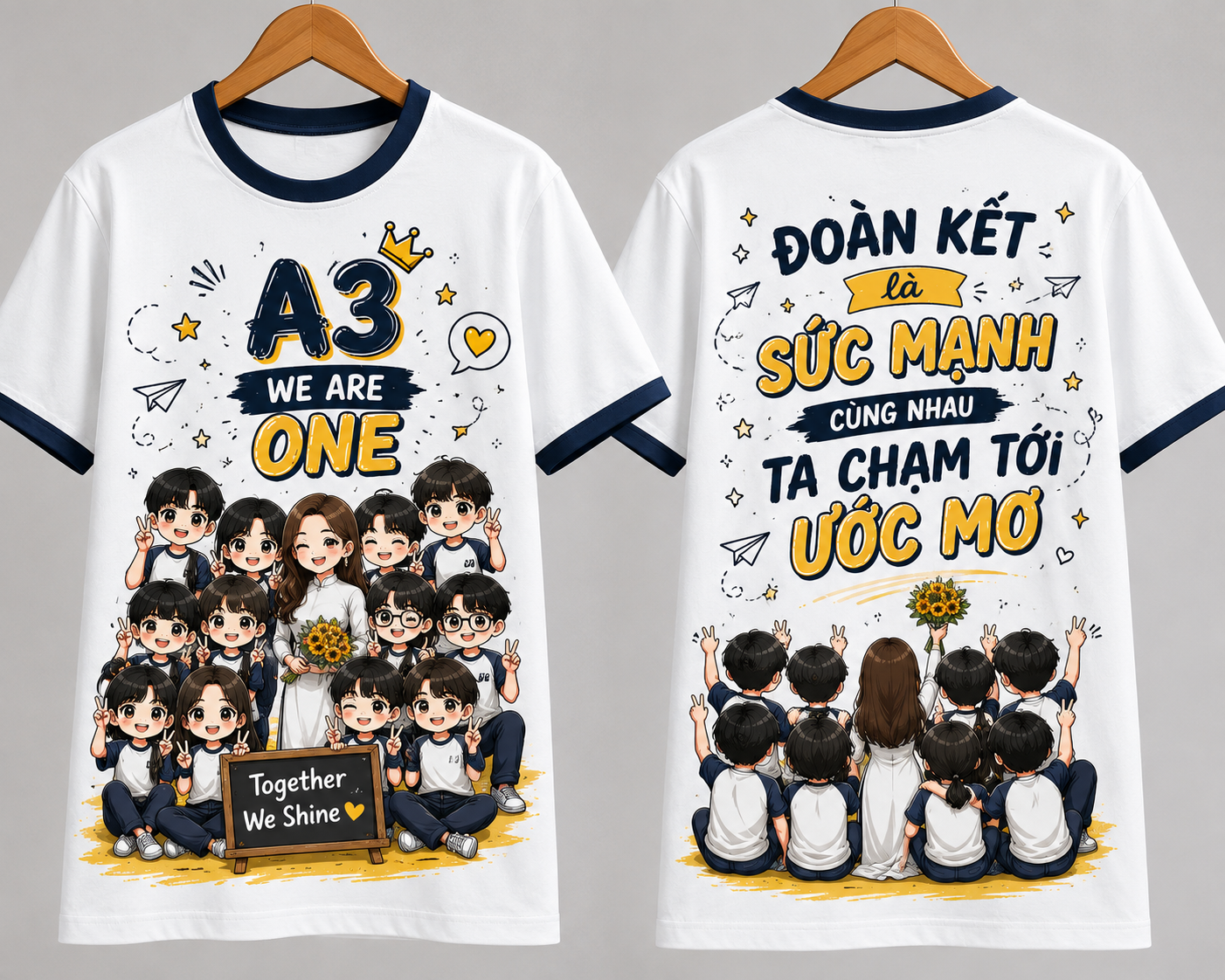Đồng phục áo lớp chibi cổ tròn màu trắng bo cổ xanh