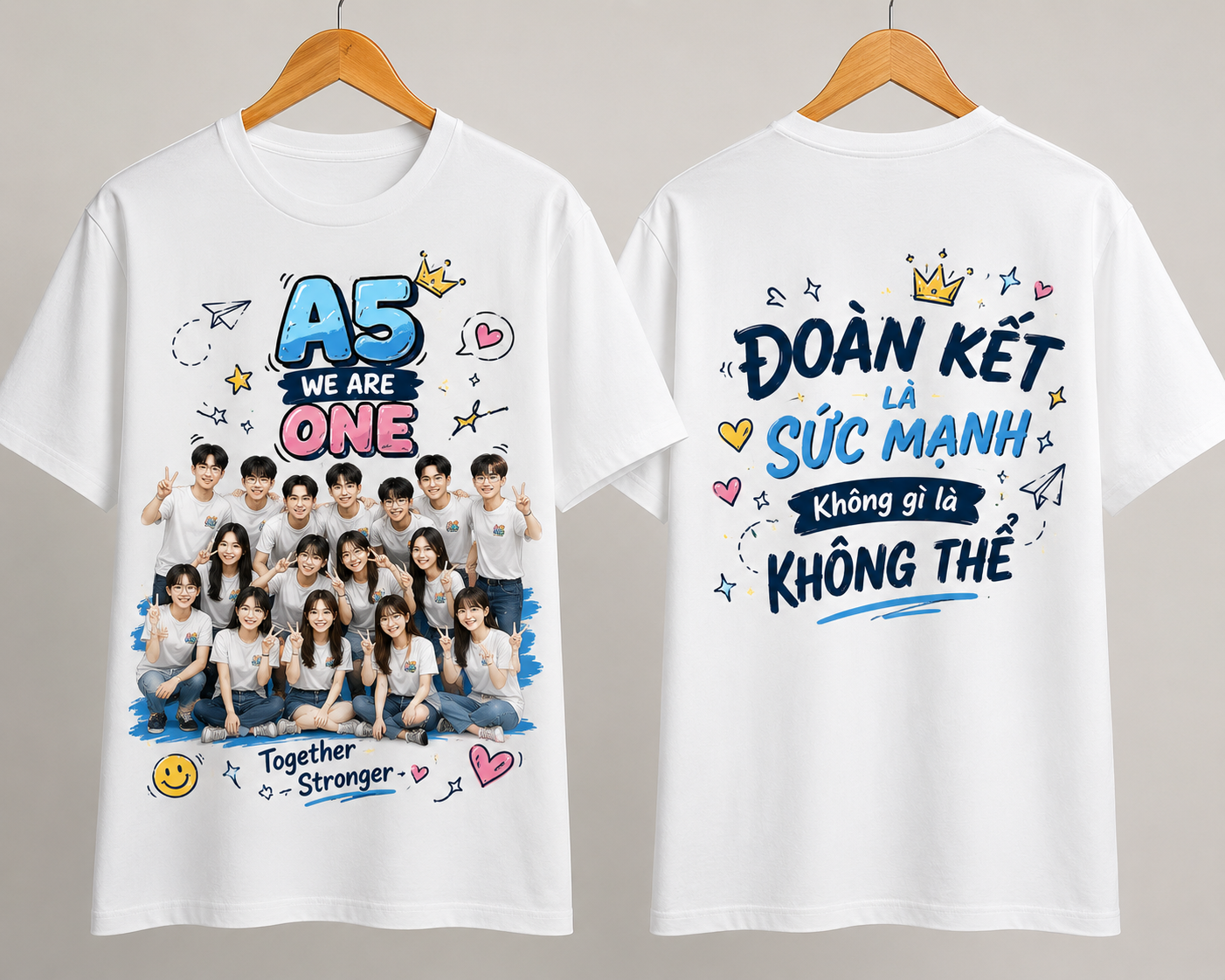 Đồng phục áo lớp chibi cổ tròn trơn màu trắng in hình