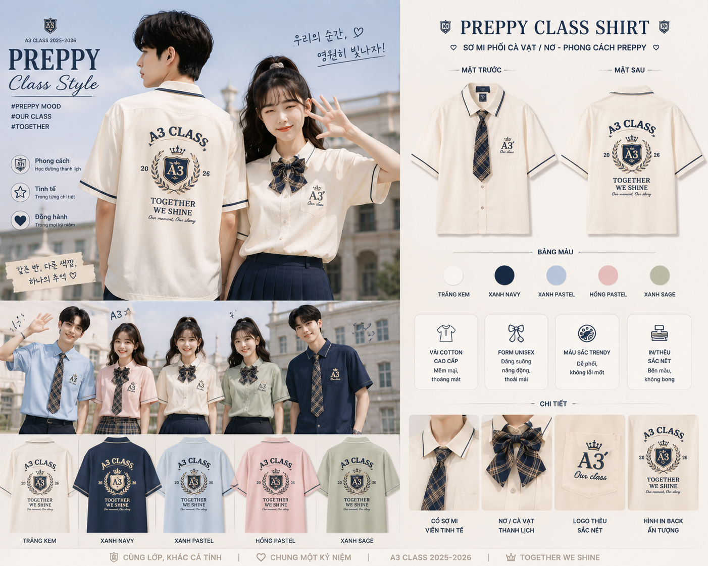 Mẫu áo lớp phong cách Preppy (Sơ mi phối cà vạt nơ)