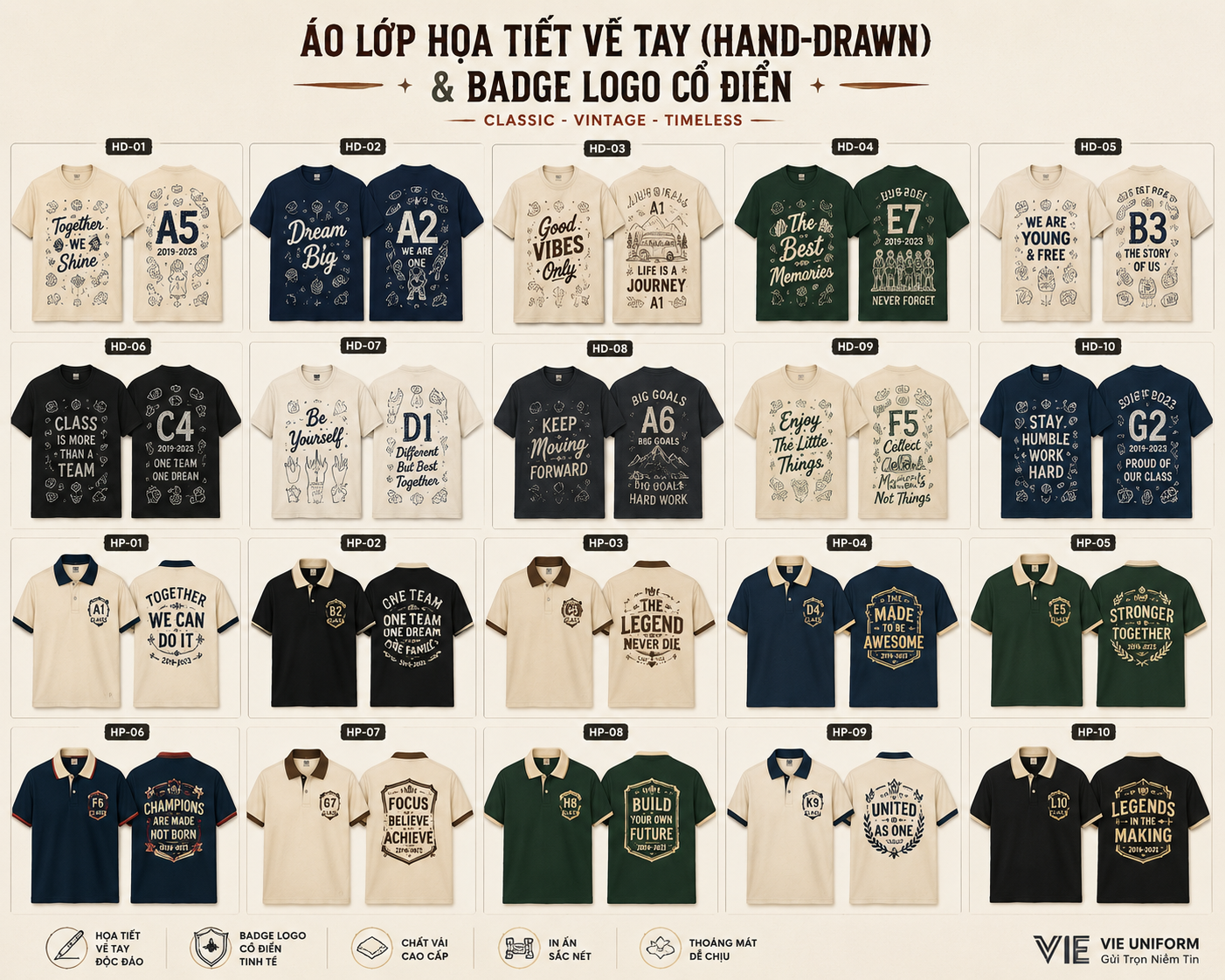 Tổng hợp các mẫu áo lớp Họa tiết vẽ tay Hand-drawn và Badge logo cổ điển áo cổ tròn cổ bẻ các màu