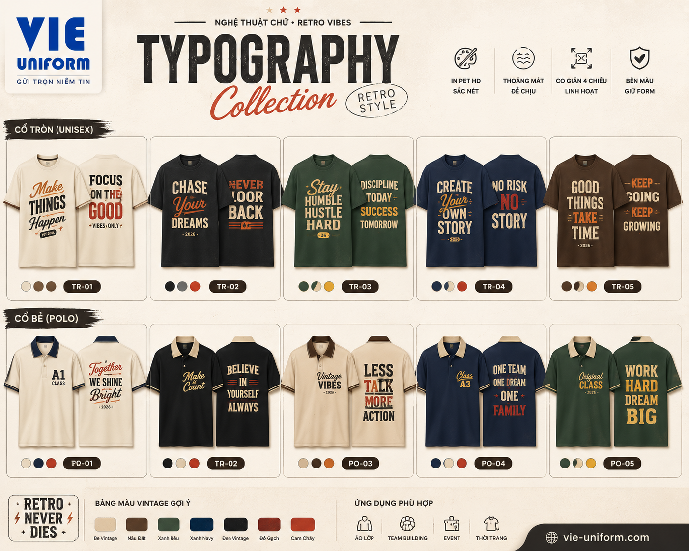 Tổng hợp các mẫu áo lớp Nghệ thuật chữ Typography phong cách Retro áo cổ tròn cổ bẻ các màu