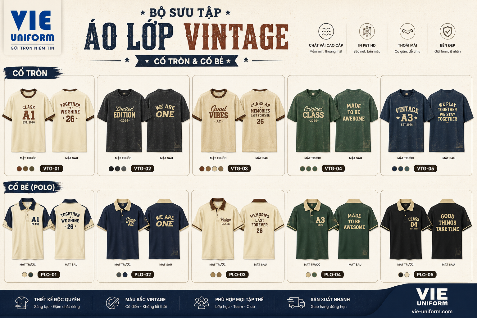 Tổng hợp các mẫu áo lớp vintage áo cổ tròn cổ bẻ các màu