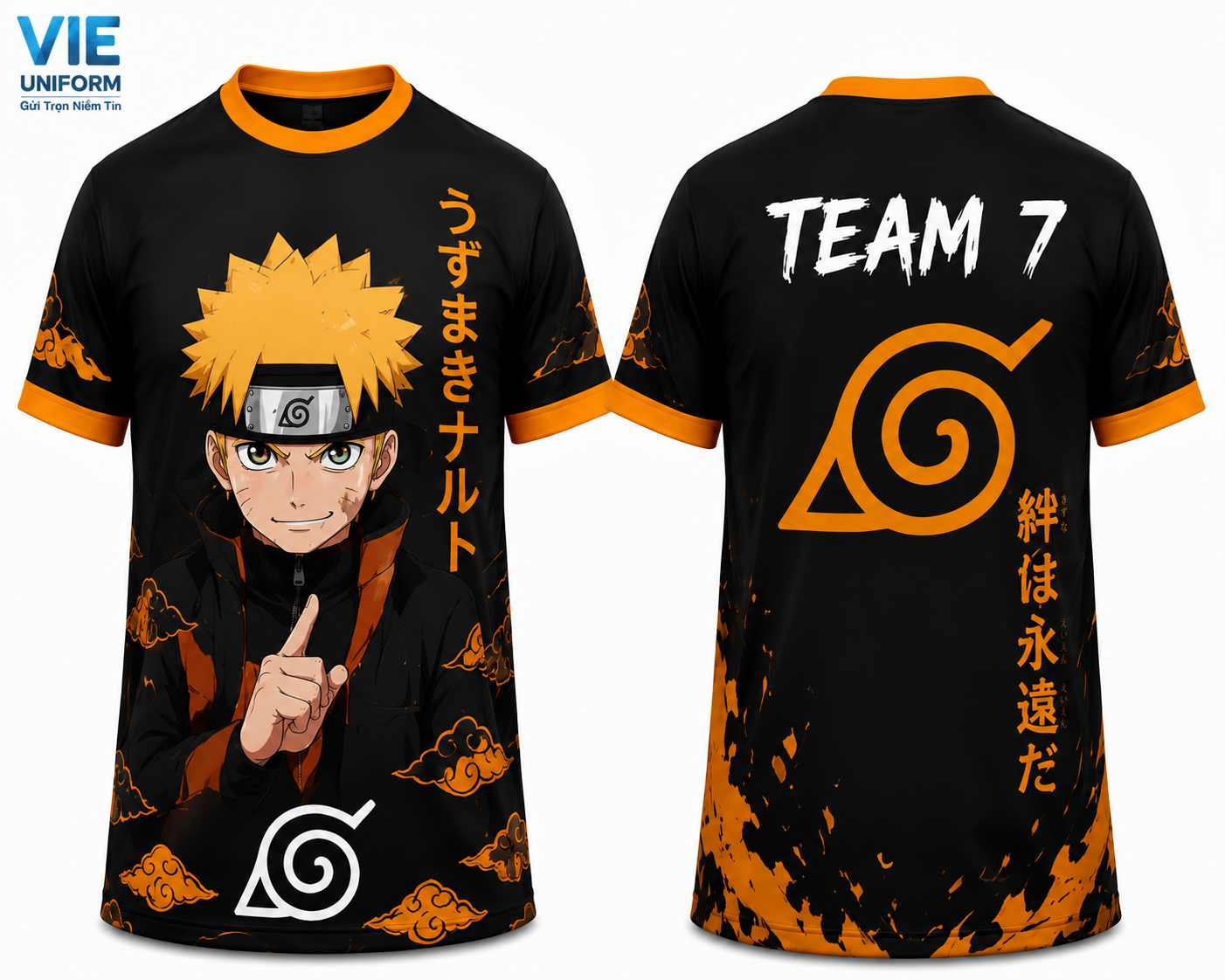 Áo lớp anime màu đen phối cam in hình team 7