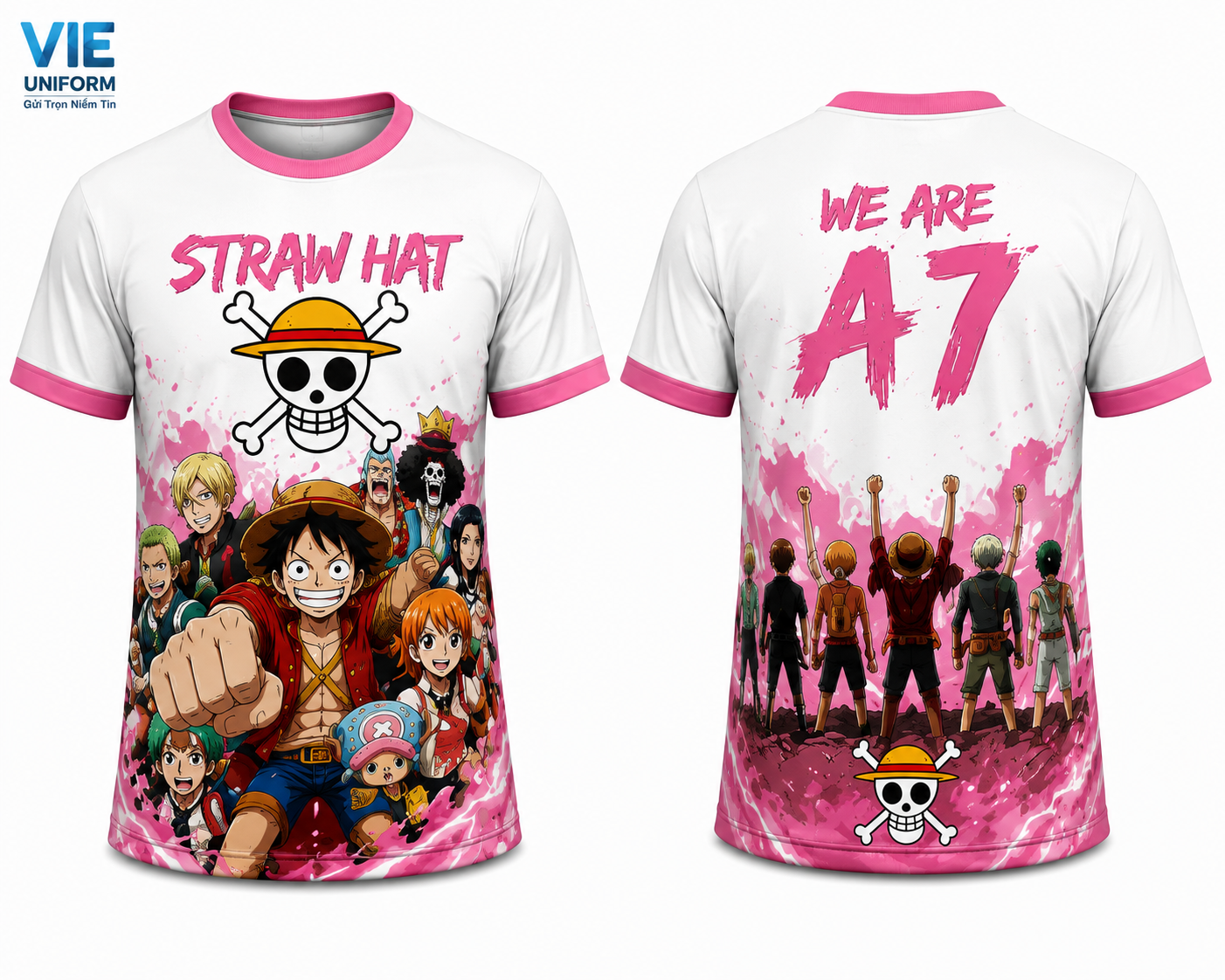 Áo lớp anime màu trắng hồngin hình we are A7