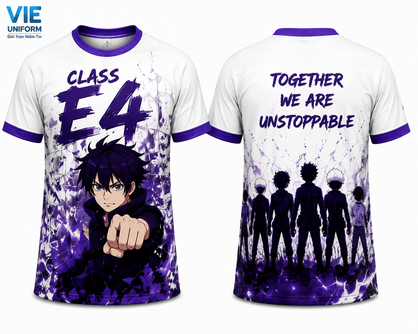 Áo lớp anime màu trắng phối tím in hình together we are unstoppable