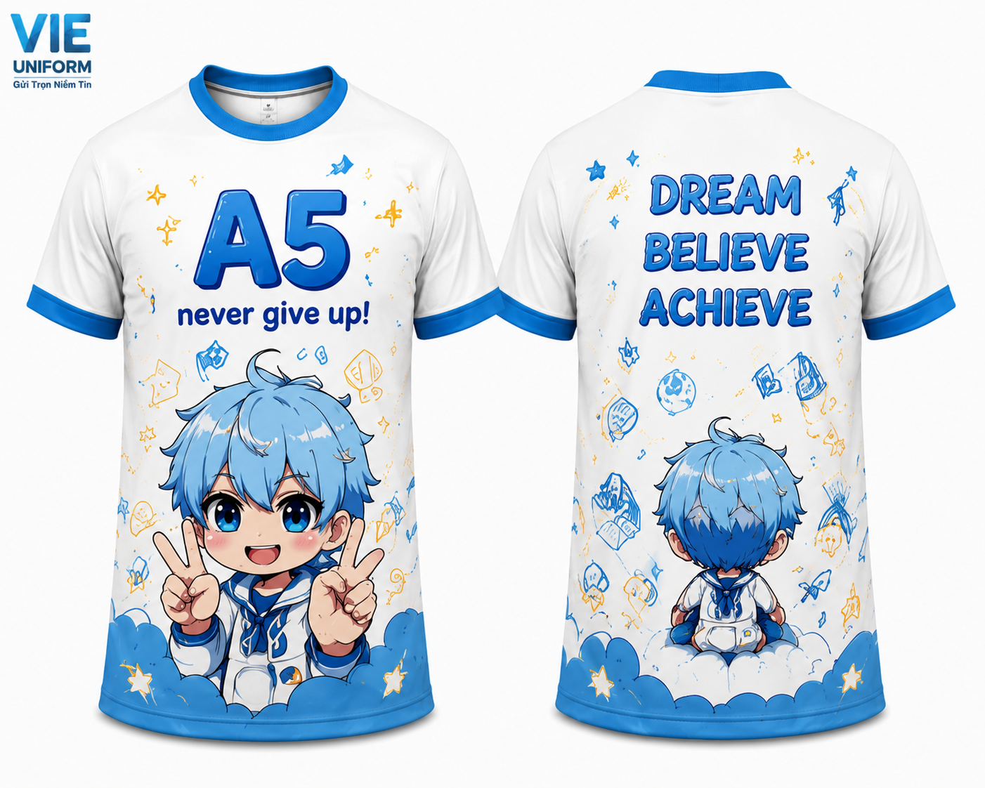 Áo lớp anime màu trắng phối xanh in hình A5 never give up