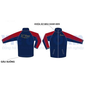 đồng phục áo khoác gió in logo nhà hàng Tỵ Thoan màu xanh đỏ