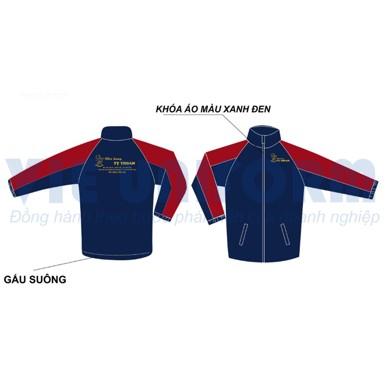 đồng phục áo khoác gió in logo nhà hàng Tỵ Thoan màu xanh đỏ đồng phục áo khoác gió in logo nhà hàng Tỵ Thoan màu xanh đỏ