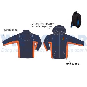 Đồng phục áo khoác gió in logo màu xanh navy phối cam có mũ mã AKG10