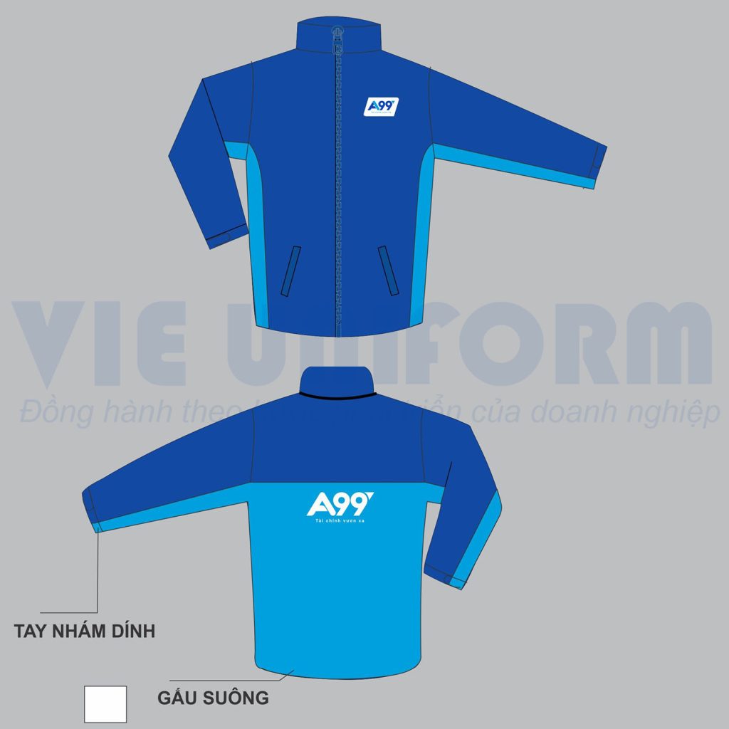 đồng phục áo khoác gió in logo A99 áo màu xanh bích phối xanh ya AKG12