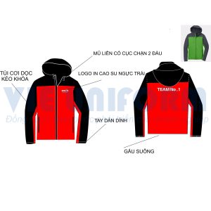 đồng phục áo khoác gió in logo TEAM No1 áo màu đỏ phối đen AKG15