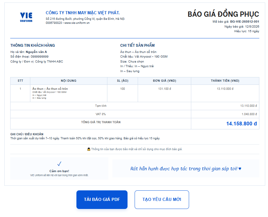 Bảng báo giá đồng phục nhận được, tải về được