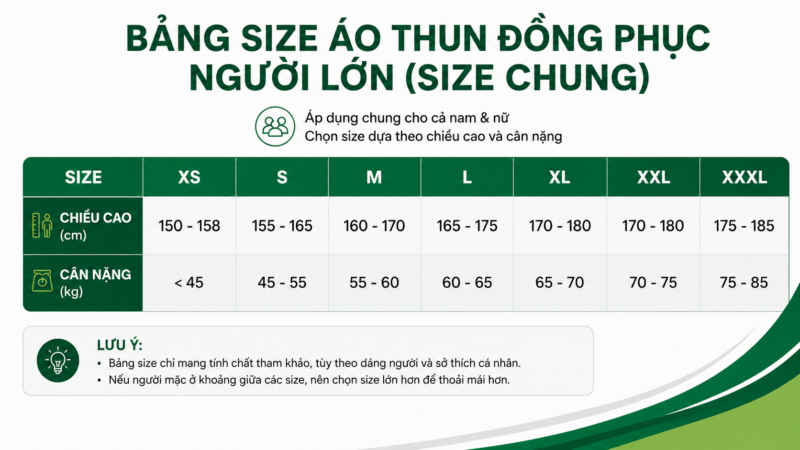 Bảng size chung áo thun đồng phục nam nữ