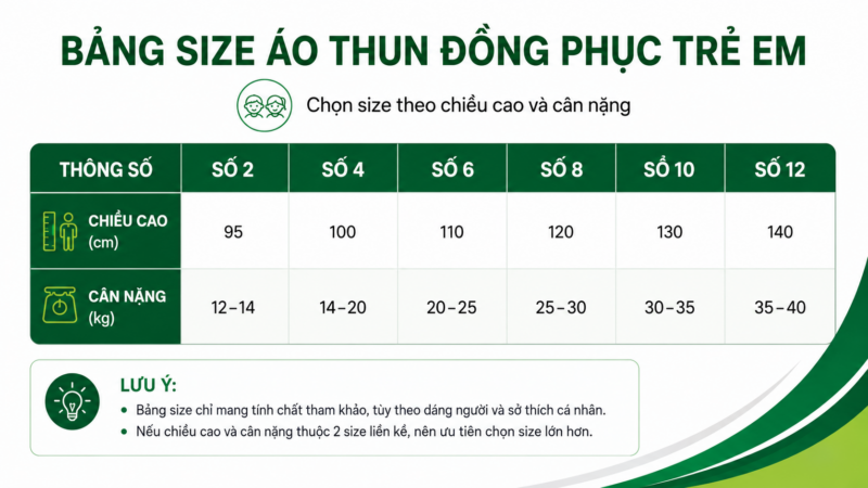Bảng size trẻ em áo thun đồng phục