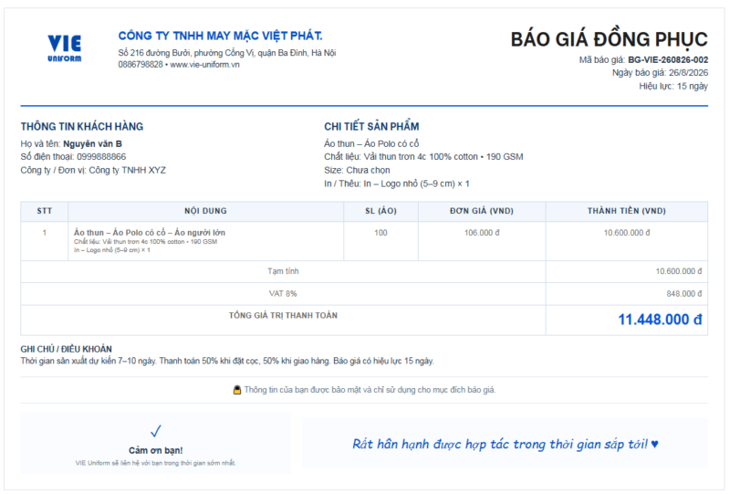 Báo giá đồng phục áo thun