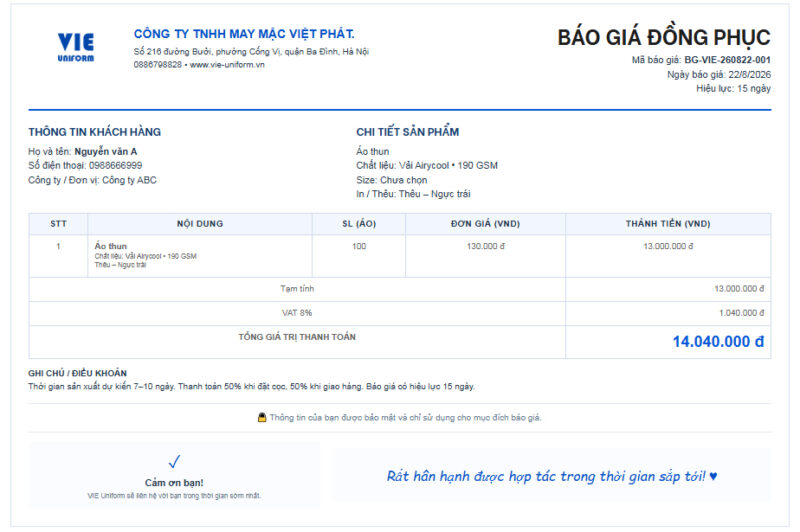 Báo giá đồng phục tại VIE Uniform