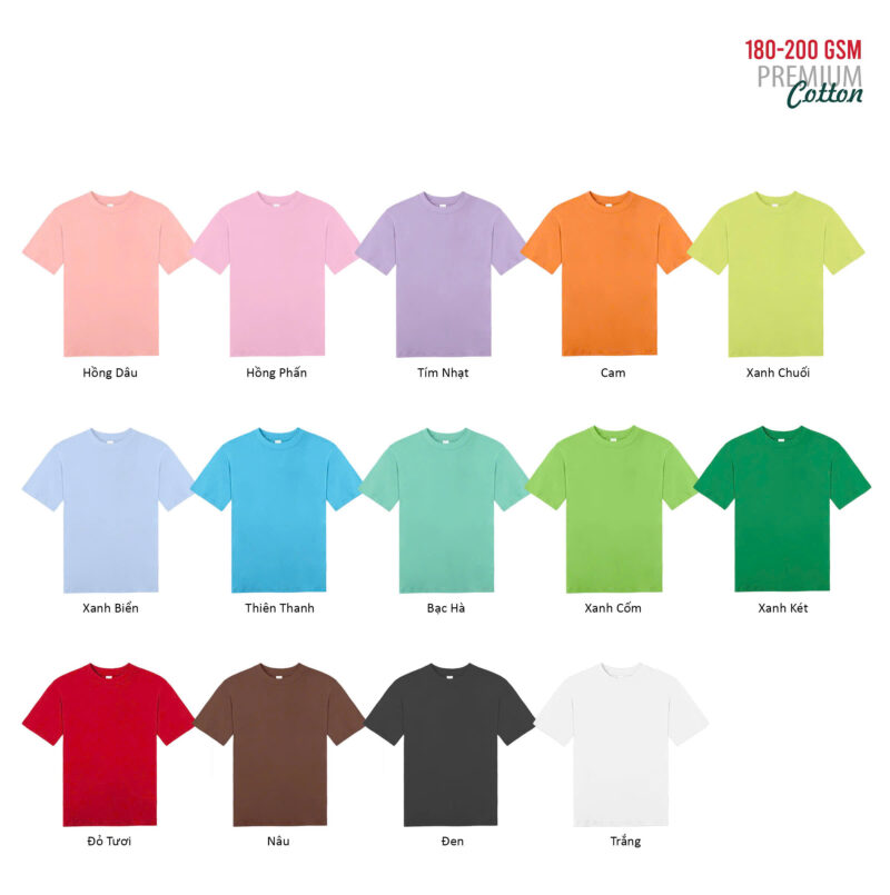 Các màu áo cổ tròn 180–200 GSM