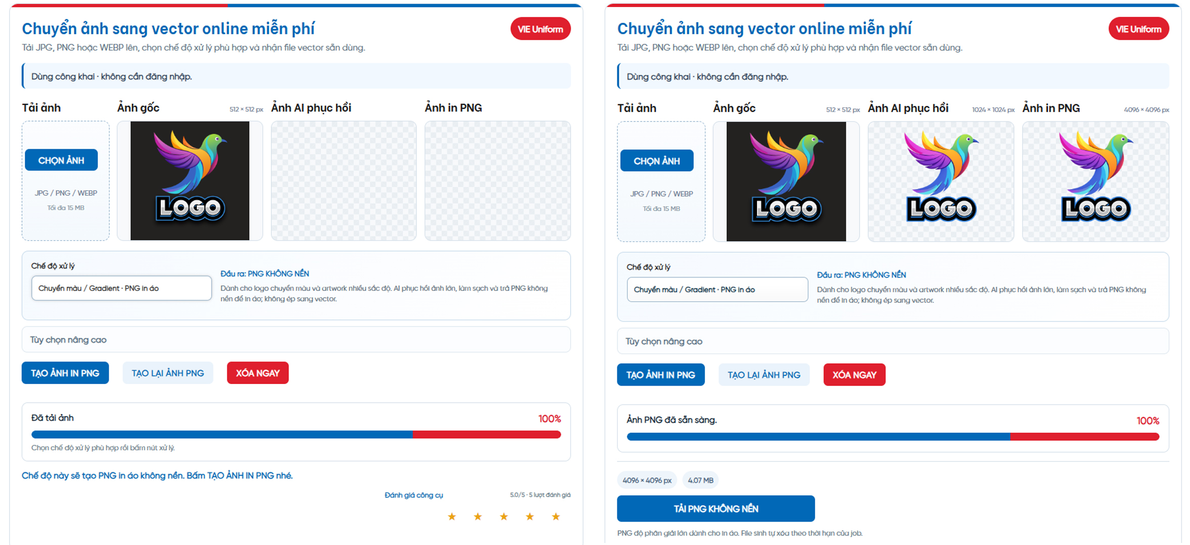 Chuyển ảnh online PNG bằng AI để in áo được ngay