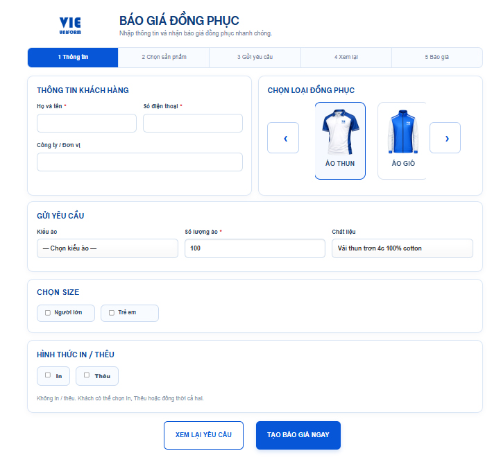Điền đủ yêu cầu báo giá áo thun đồng phục trong form báo giá của VIE Uniform