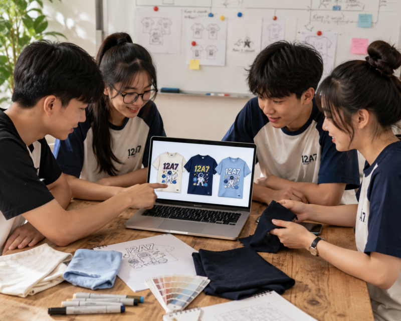 Học sinh duyệt mẫu áo lớp in hình