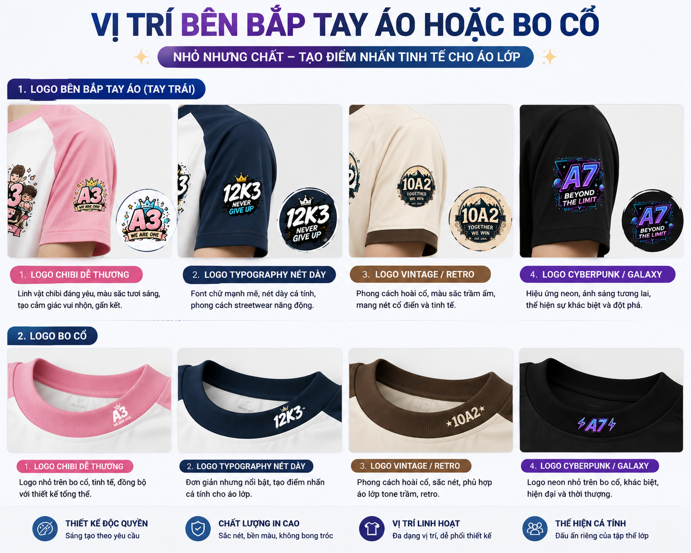 In logo áo thun lớp vị trí bắp tay hoặc bo cổ