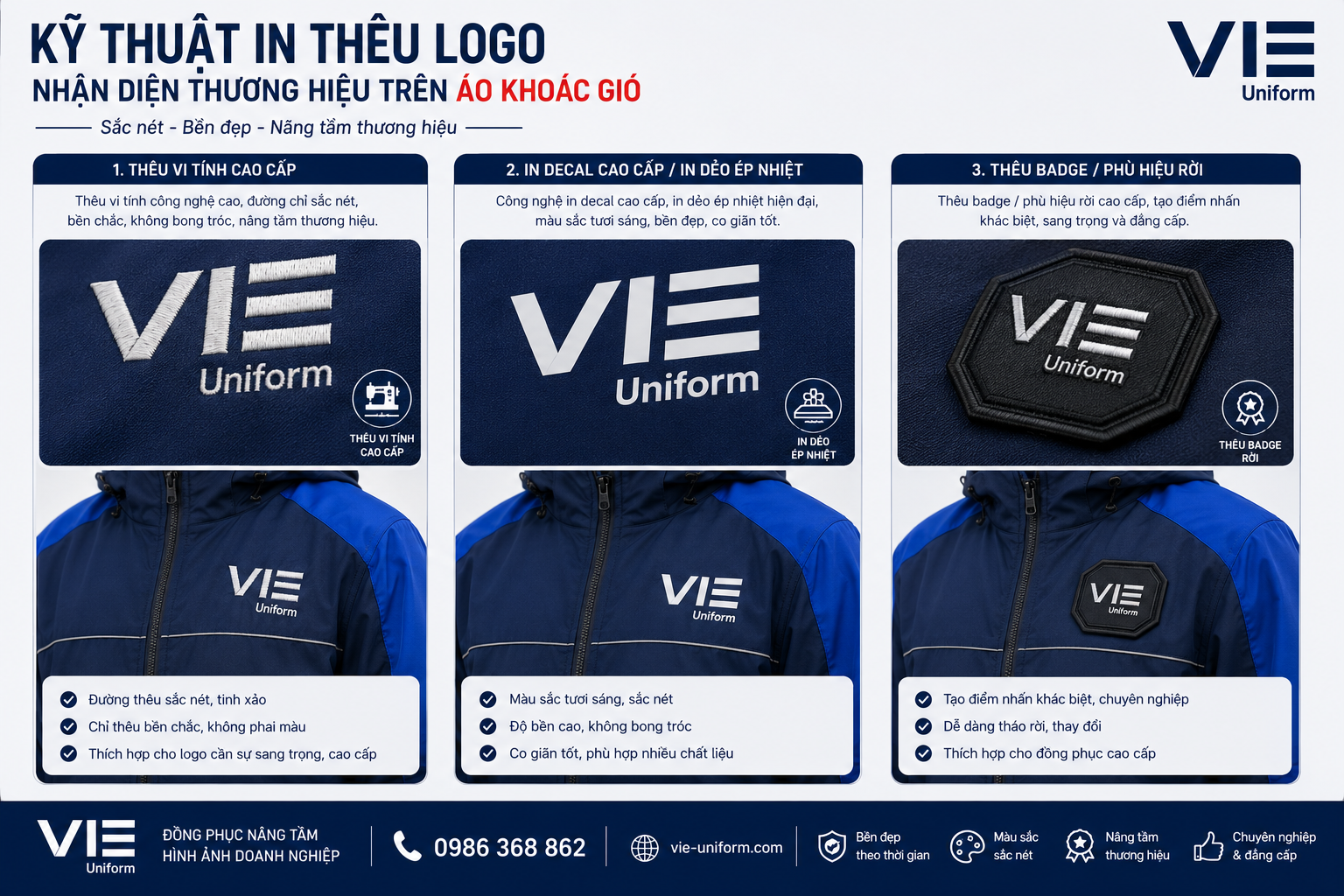 Kỹ thuật in thêu logo nhận diện thương hiệu trên áo khoác gió