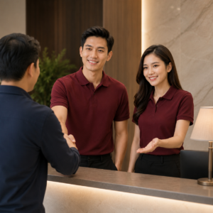 Người mặc Mẫu áo polo đồng phục vải cá sấu
