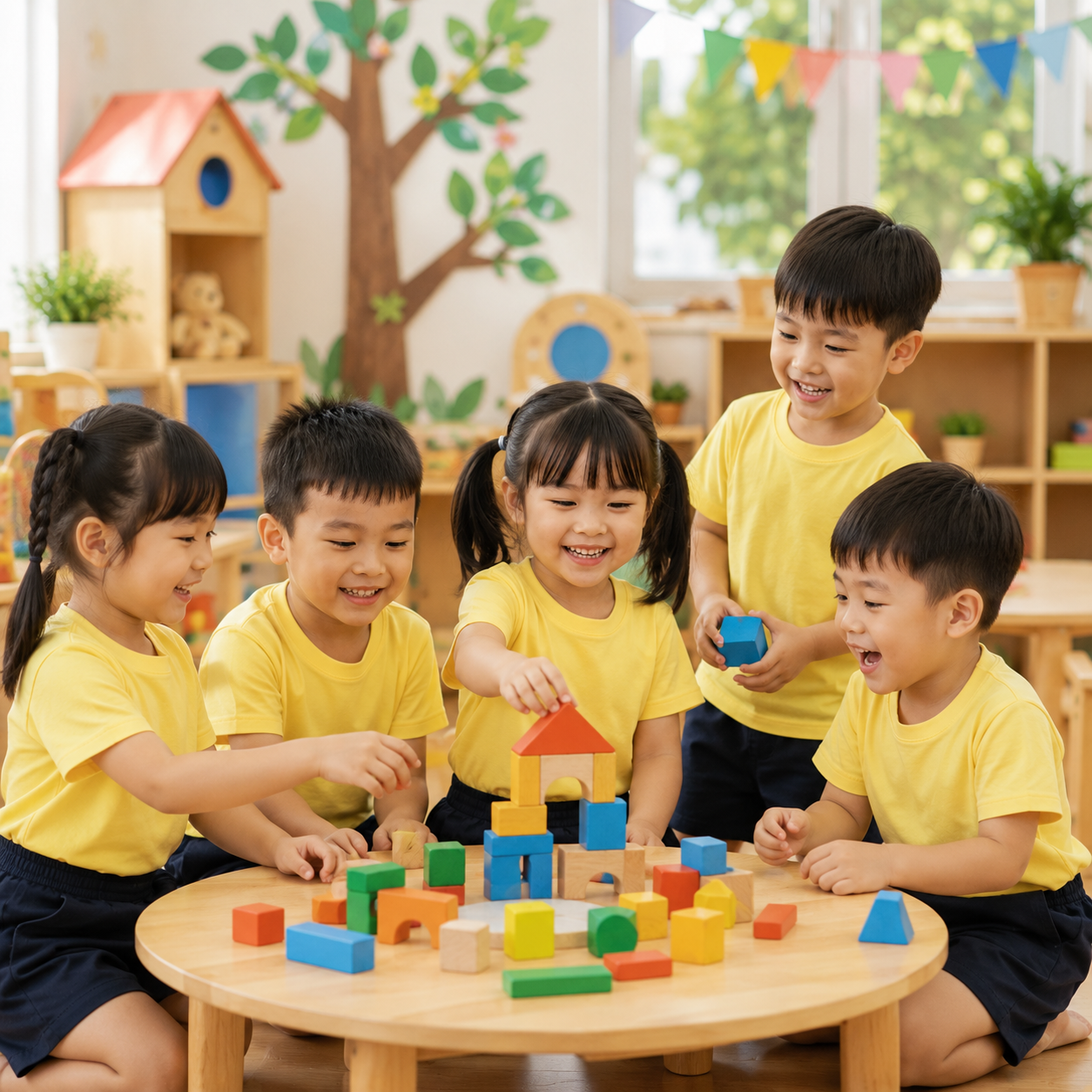 Nhóm mặc Mẫu áo thun cổ tròn đồng phục mầm non Nhóm mặc Mẫu áo thun cổ tròn đồng phục mầm non