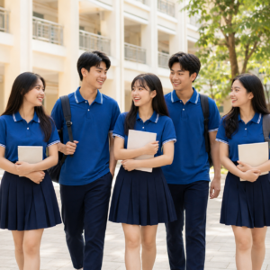 Nhóm mặc mẫu áo polo đồng phục học sinh