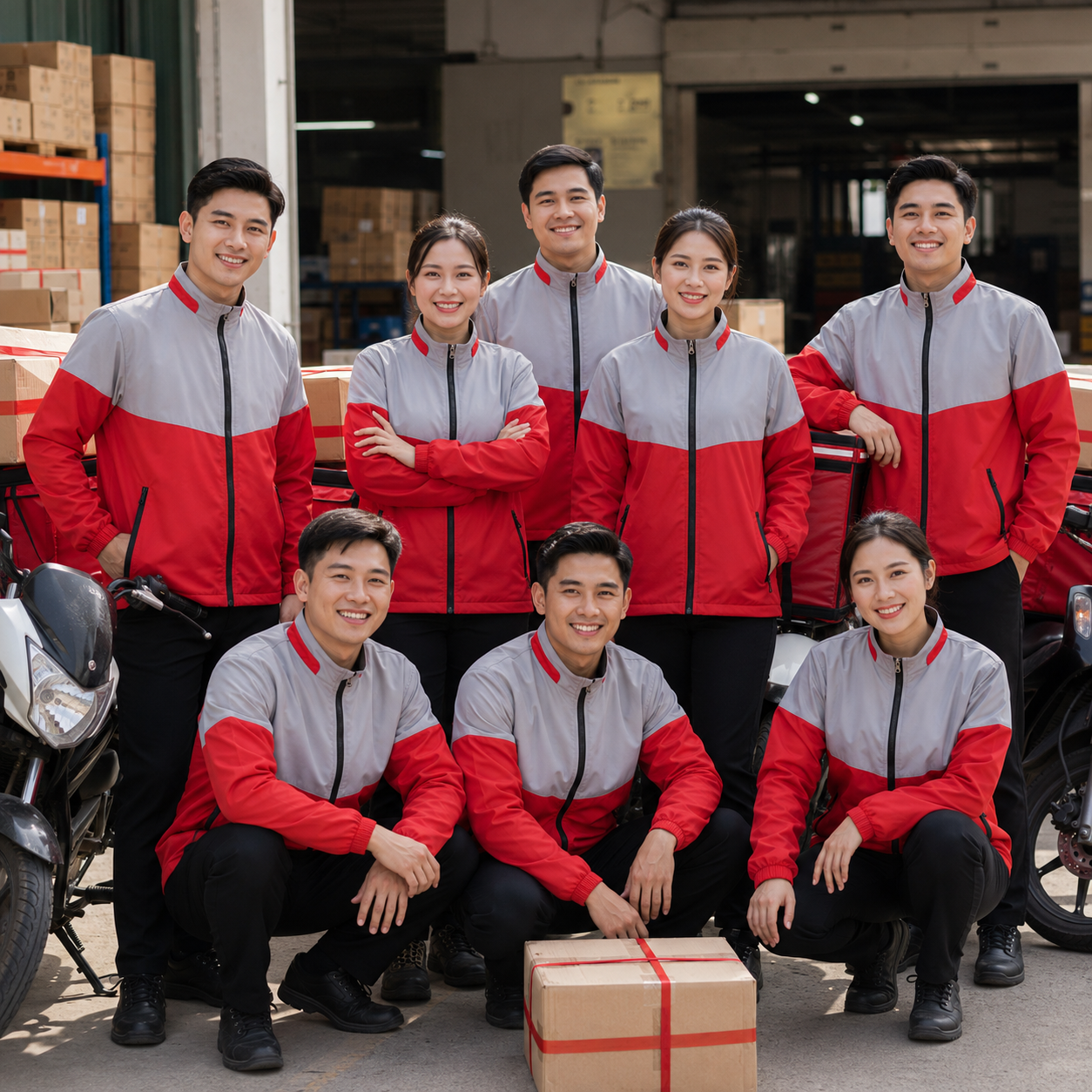 Tập thế mặc mẫu áo khoác gió đồng phục shipper Tập thế mặc mẫu áo khoác gió đồng phục shipper