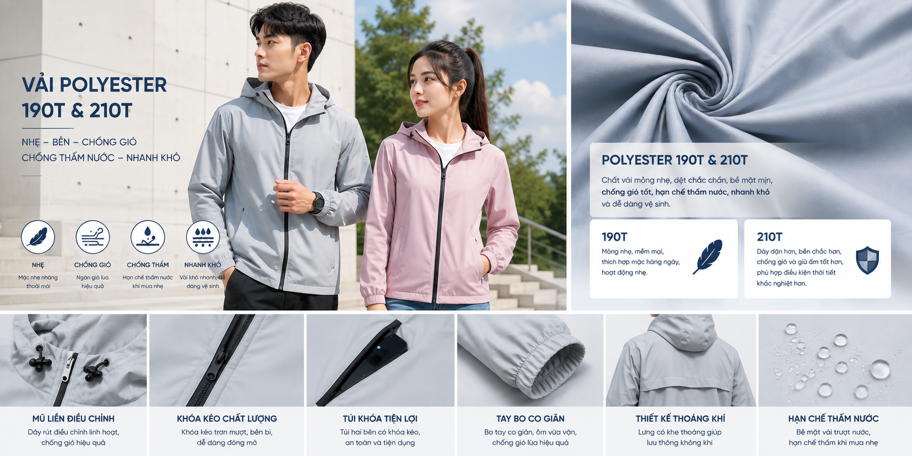 Vải Polyester 190T và 210T may áo gió đẹp