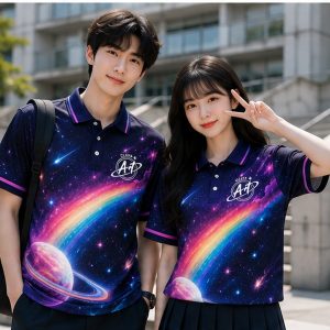 Mẫu áo lớp galaxy đẹp có nam nữ mặc áo đồng phục lớp