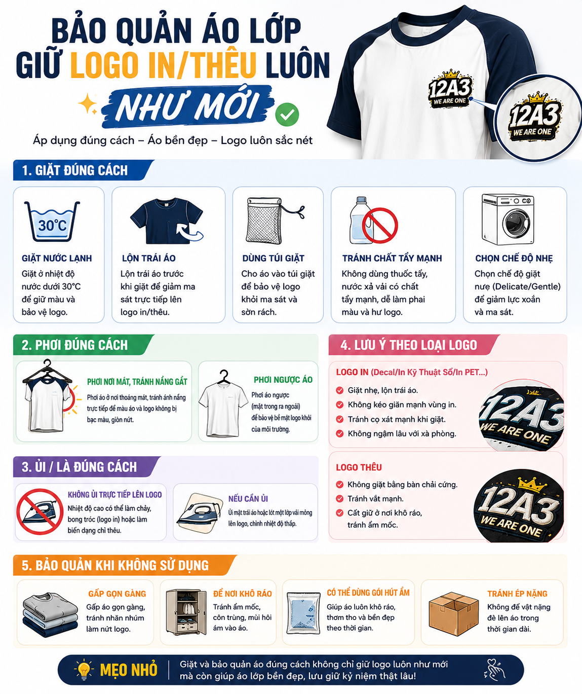 Bảo quản giữ cho phần logo in thêu trên áo lớp luôn như mới