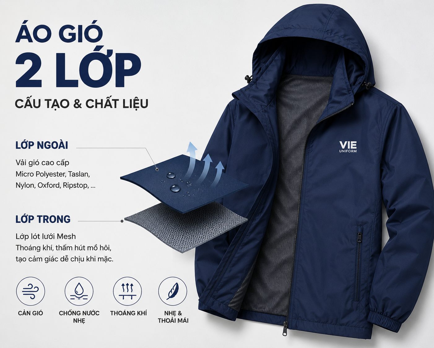 Áo khoác gió đồng phục 2 lớp