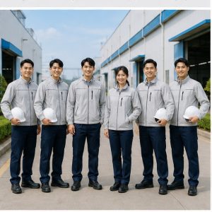 Tập thể công nhân mặc đồng phục áo khoác gió nhà máy