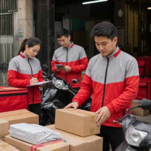 nhân viên mặc mẫu áo khoác gió đồng phục shipper