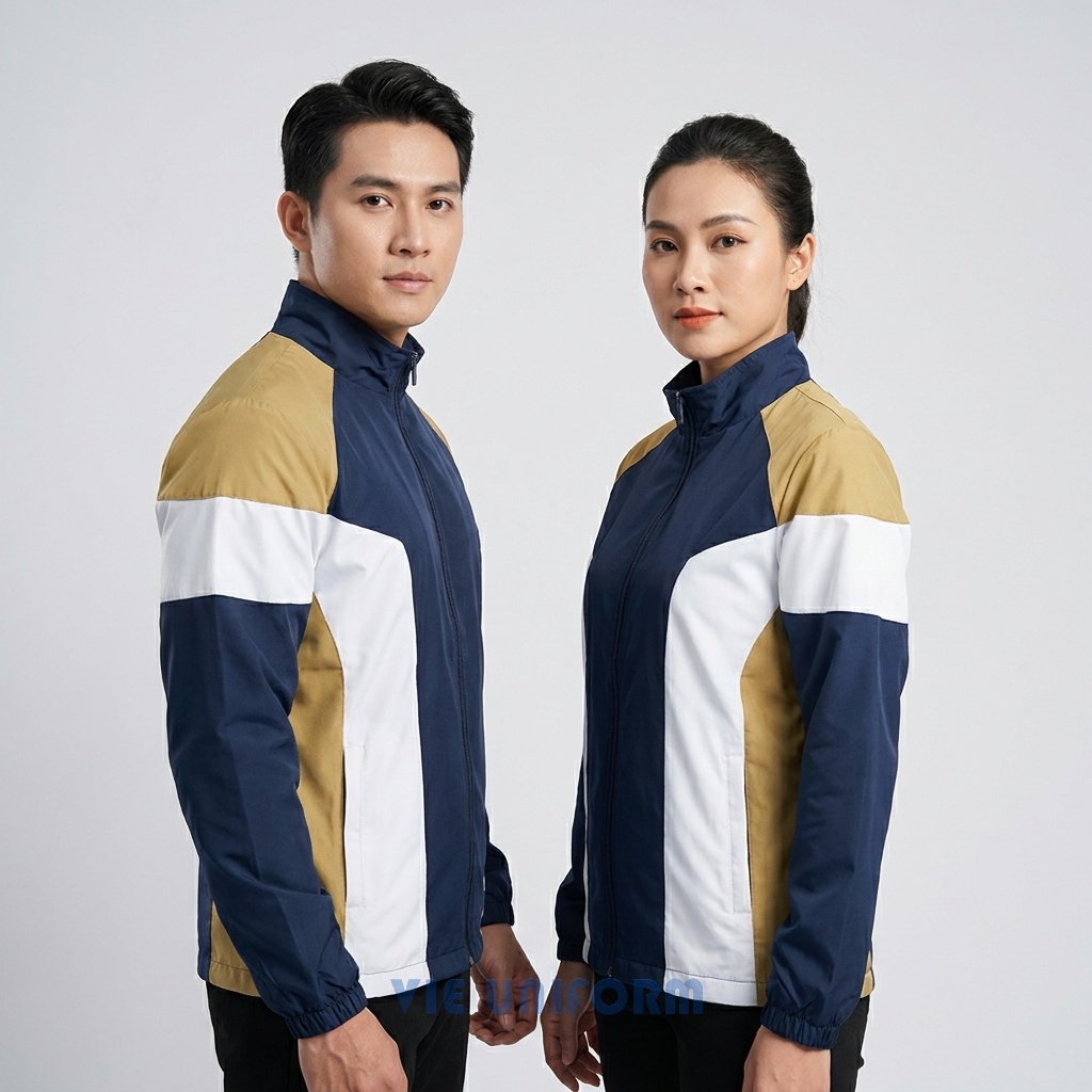 Góc ba phần tư áo gió đồng phục cổ đứng phối màu