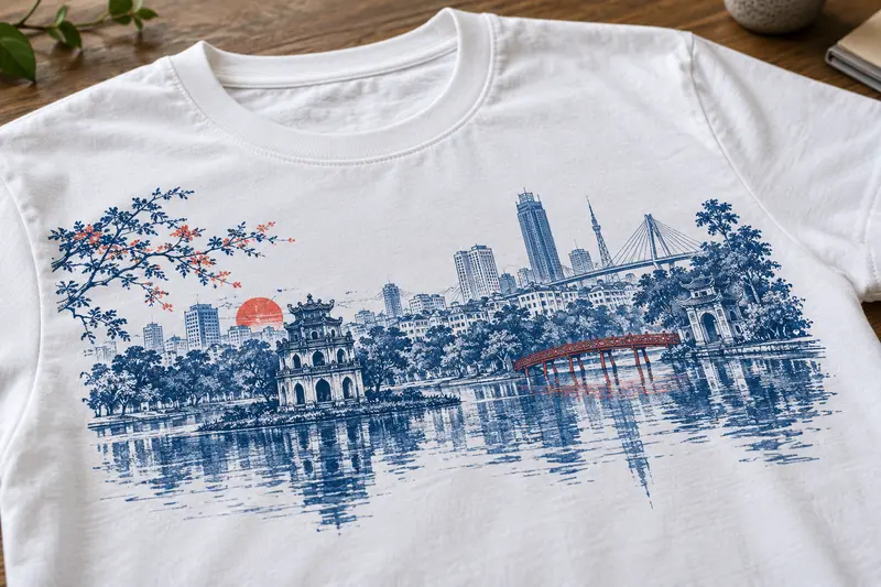 Cận cảnh hình in DTG nhiều màu trên áo cotton
