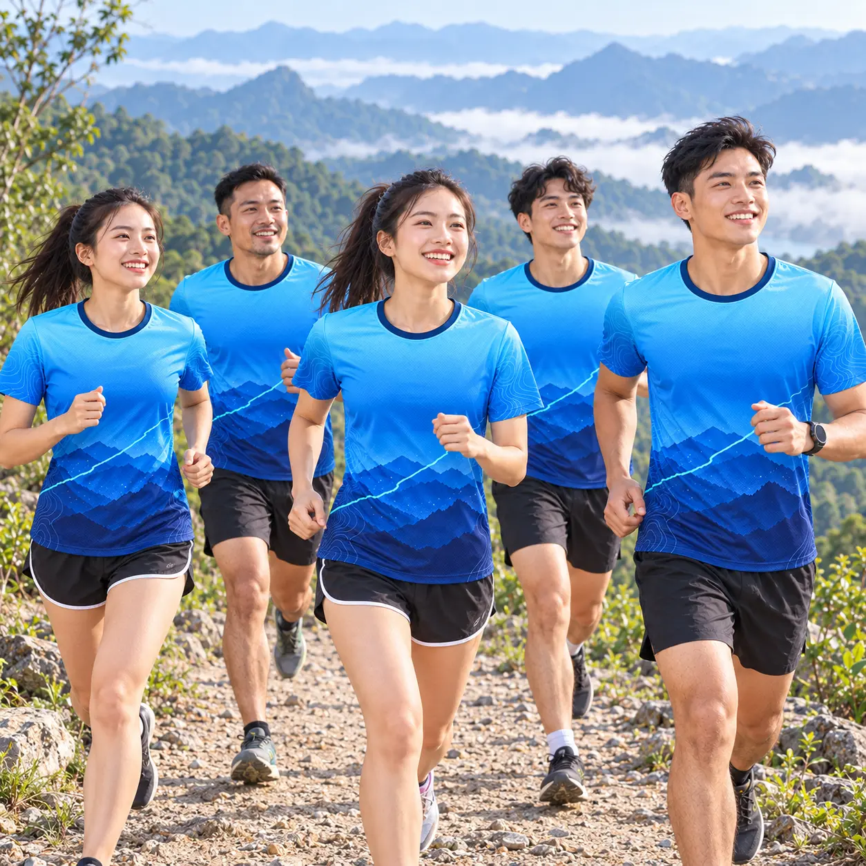 Áo chạy bộ in chuyển nhiệt Mountain Run xanh chuyển sắc - tập thể mặc thực tế Áo chạy bộ in chuyển nhiệt Mountain Run xanh chuyển sắc - tập thể mặc thực tế