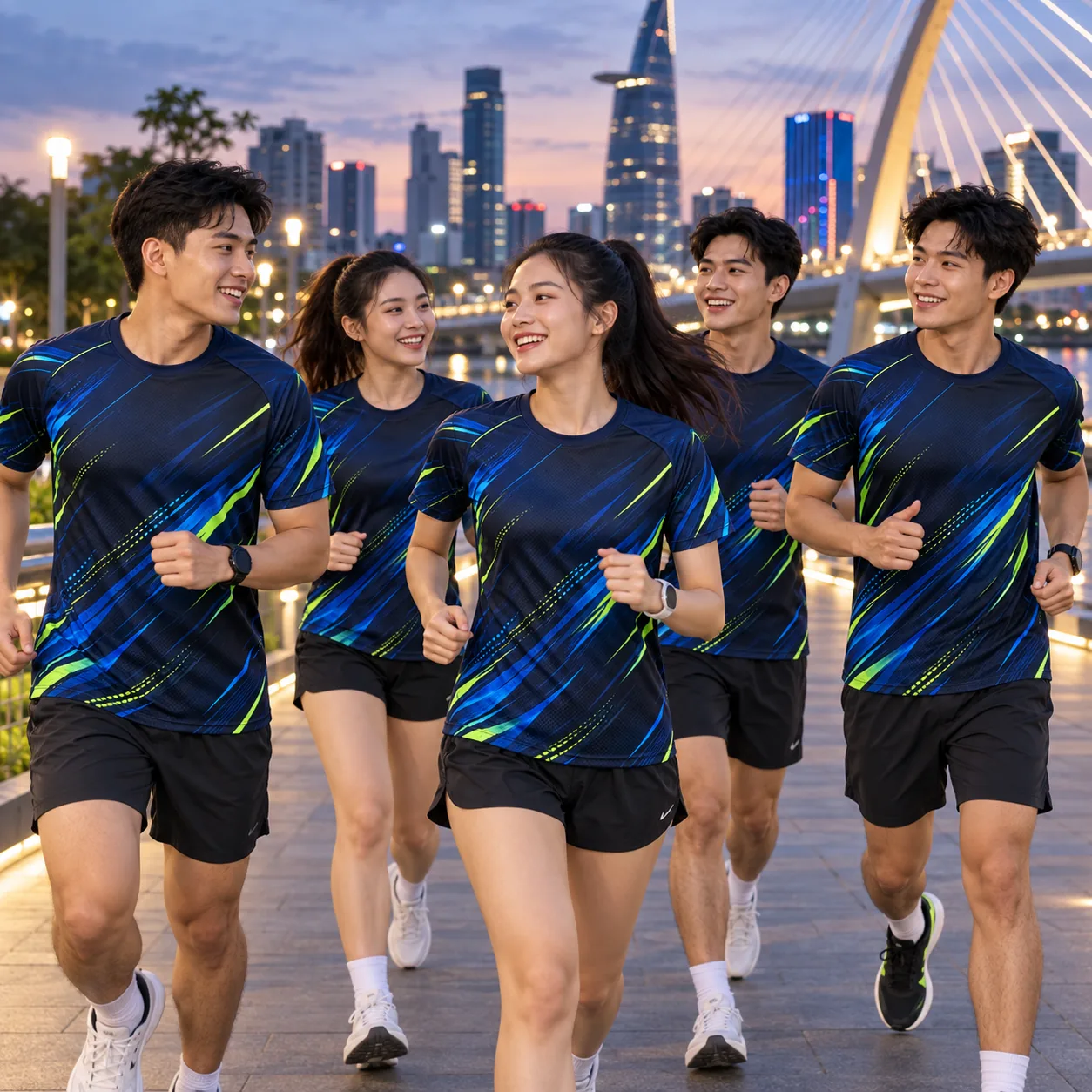 Áo chạy bộ thun mè in chuyển nhiệt Night Run navy neon - tập thể mặc thực tế Áo chạy bộ thun mè in chuyển nhiệt Night Run navy neon - tập thể mặc thực tế