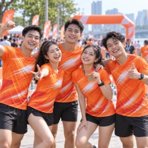 Áo giải chạy in chuyển nhiệt Marathon Sponsor màu cam - tập thể mặc thực tế