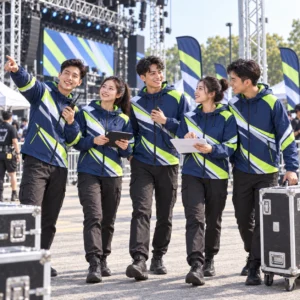 Áo gió đồng phục in chuyển nhiệt Event Crew navy lime - tập thể mặc thực tế