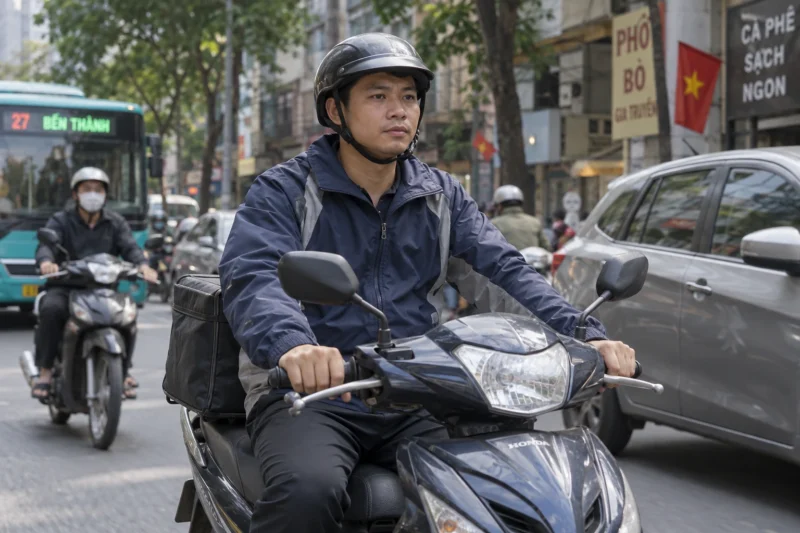 Áo gió nhân viên vận chuyển khi chạy xe máy